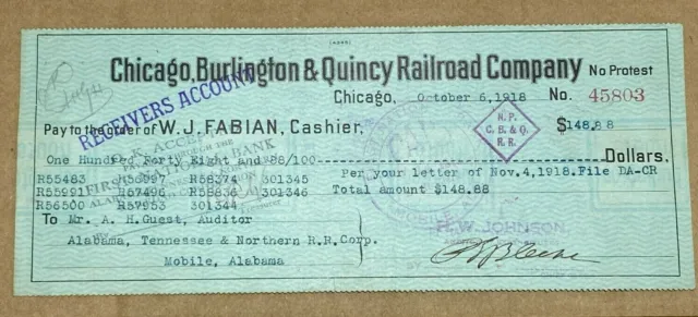 WWI era 1918 check Chicago Burlington & Quincy Railroad Company - AT&N RR