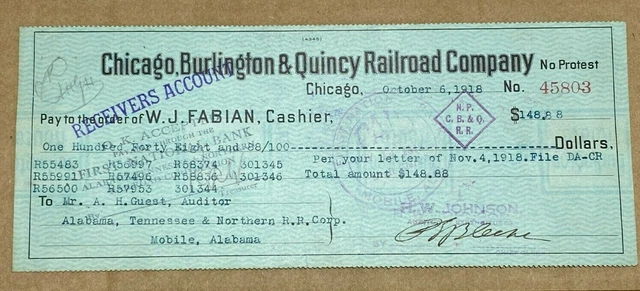 WWI era 1918 check Chicago Burlington & Quincy Railroad Company - AT&N RR