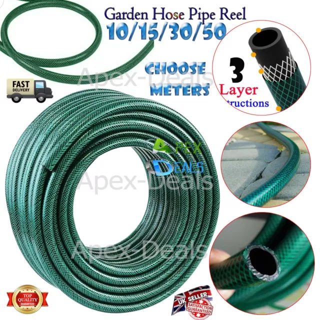 Garden Hose Pipe Reel Reinforced 3-LAYER PVC Green Watering Hosepipe 10m/30m/50m