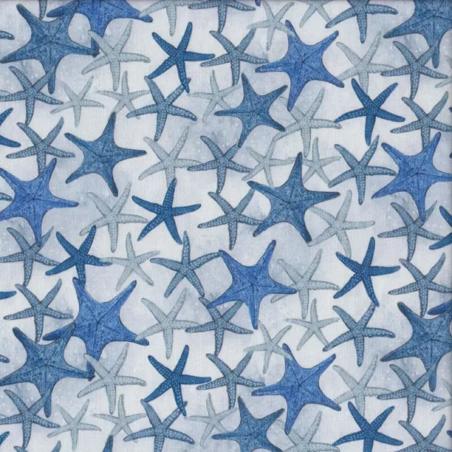 NEW Blue Starfish on White Beach Nature Landscape Quilting Fabric 1/2 Metre