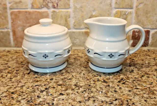 Longaberger Pottery Woven Traditions Blue on Ivory Cream & Lidded Sugar Bowl USA