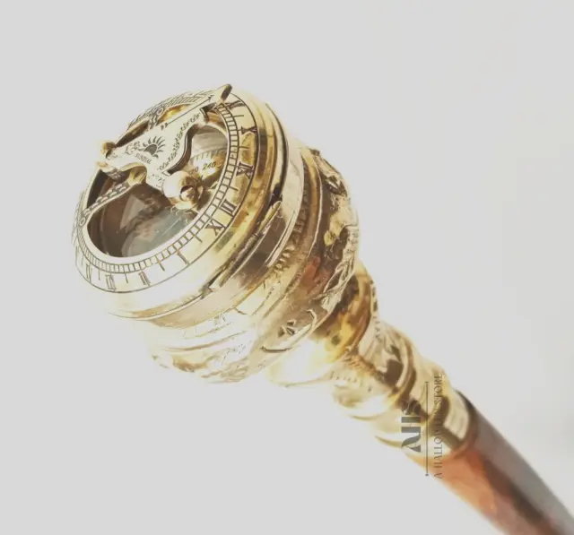 Solid Brass Sundial Compass Knob Handle Vintage Wooden Walking Stick Cane...