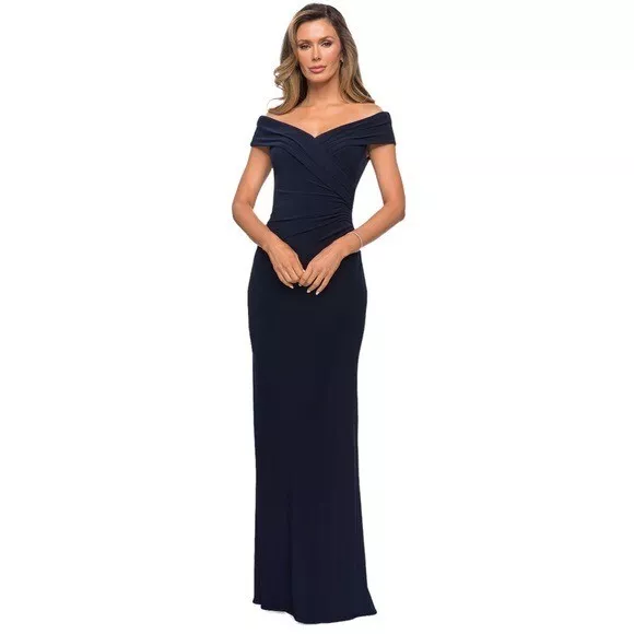 LA FEMME 27959 Pleat Ornate Off Shoulder Formal Jersey Navy Gown Size 12