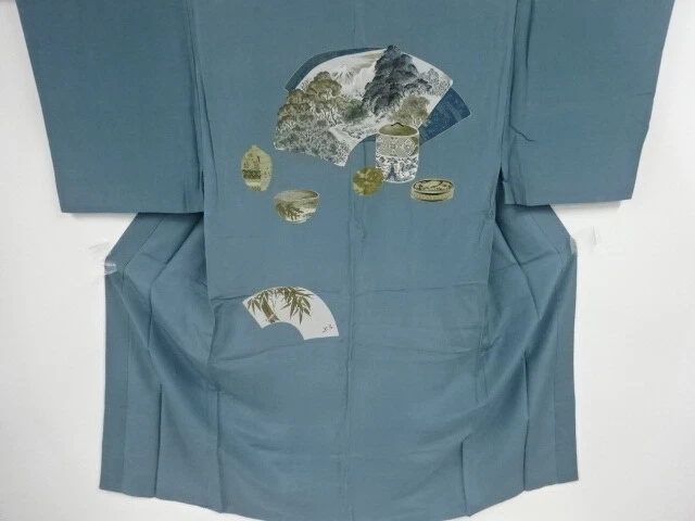 39560# Japanese Kimono / Mens Juban / Tea Utensils & Scenery Pattern