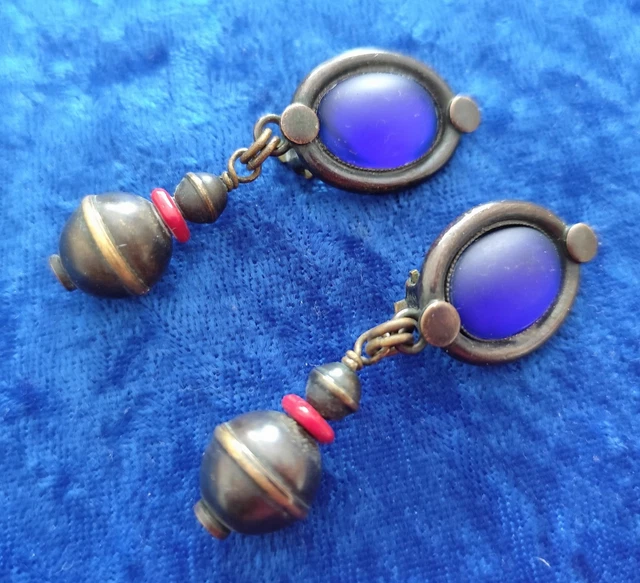 Boucles D'oreilles Pendantes Signées MICRIS - Bijou De Créateur Vintage Français - Occasion En Très Bon état, Laiton Doré