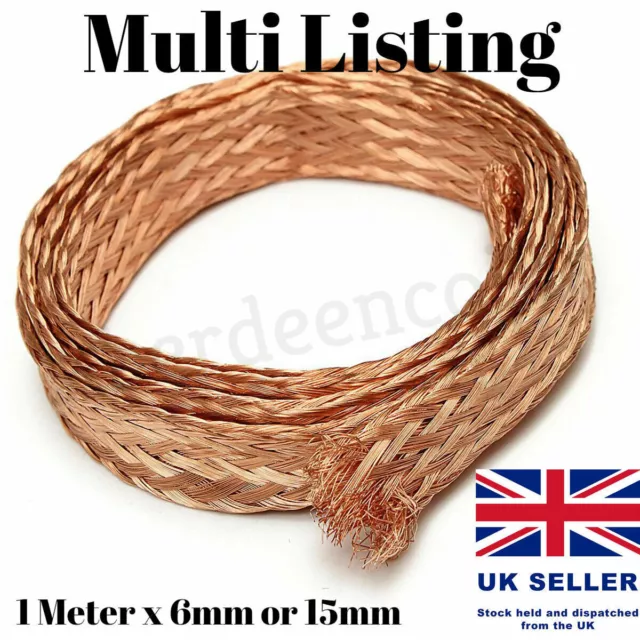 Copper Braid Cable Flat Pure 1 Meter x 4-15mm Bare Copper Braid Wire Ground Lead