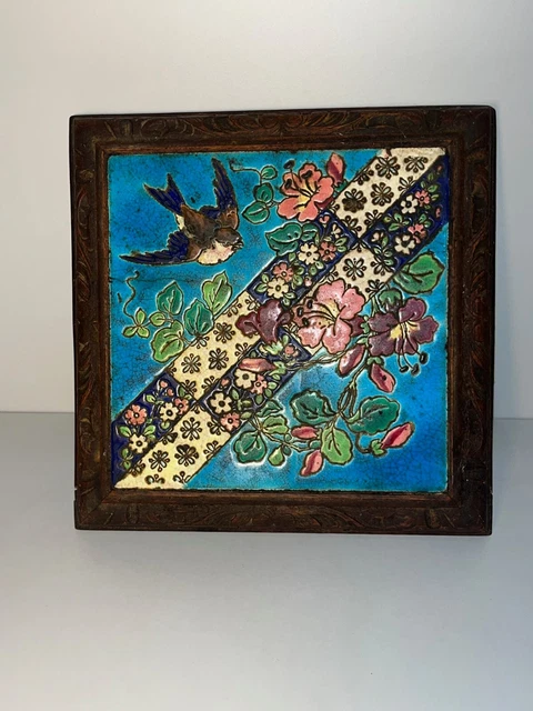 ANCIEN DESSOUS DE PLAT MUSICAL Bois ciré et Carreau décor romantique