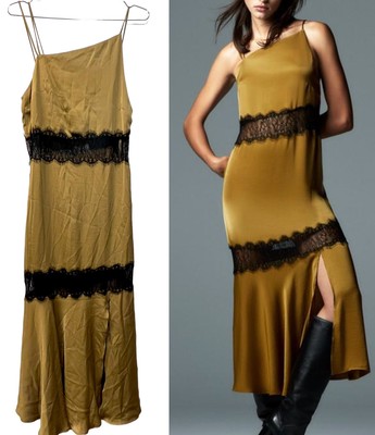 Zara Midi Silky Slip Dress Olive Black Lace Asymmetrical Neckline Size M NWT