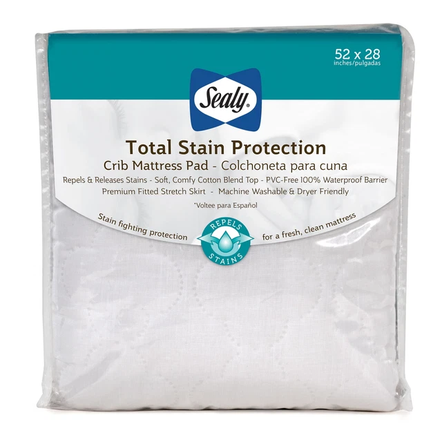 Sealy Total Stain Protection Washable Waterproof Mattress Pads, Crib, White