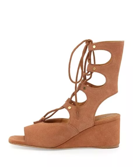 Womens CHLOE Brown Camel Suede Lace Up Gladiator Wedge Heels Sandals Size 38.5