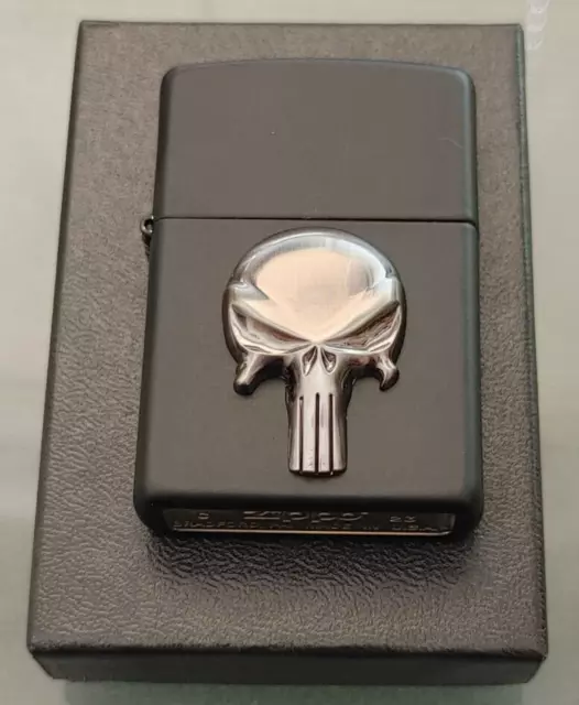Custom Punisher Zippo Lighter w/ Pewter Skull Logo, Harley Biker MC Club Gift