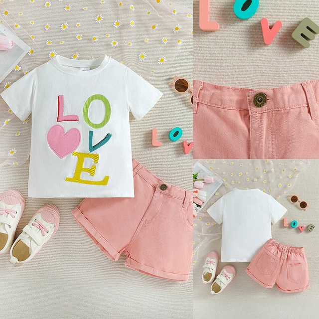 2Pcs Baby Girls LOVE Print Lovely Outfits T Shirt+Shorts Set Pants Tops Overalls