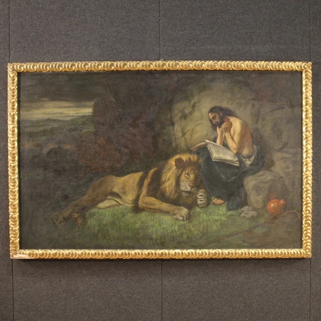 Tableau peinture technique mixte sur toile cadre Saint Jérôme style ancien 900
