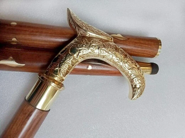 Bâton De Marche Vintage En Bois Avec Poignée En Laiton Doré - Réglable, Pliable - Cadeau Élégant