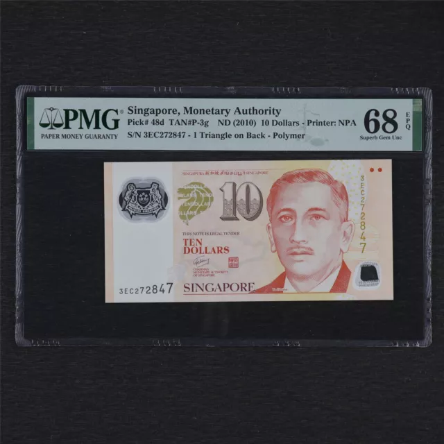 2010 Singapore Monetary Authority 10 Dollars Pick#48d PMG 68 EPQ Superb Gem UNC