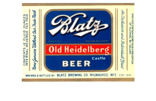 12oz IRTP BLATZ OLD HEIDELBERG CASTLE BEER LABEL by BLATZ BREW CO MILWAUKEE WI B
