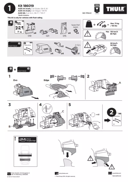 Thule Kit 186019 AUDI A4 Avant, 5-dr Estate, 08–15, 16-