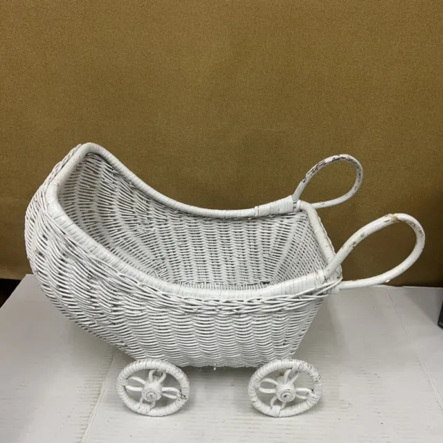 Vintage White Wicker Rattan Baby Doll Stroller Buggy Carriage Pram