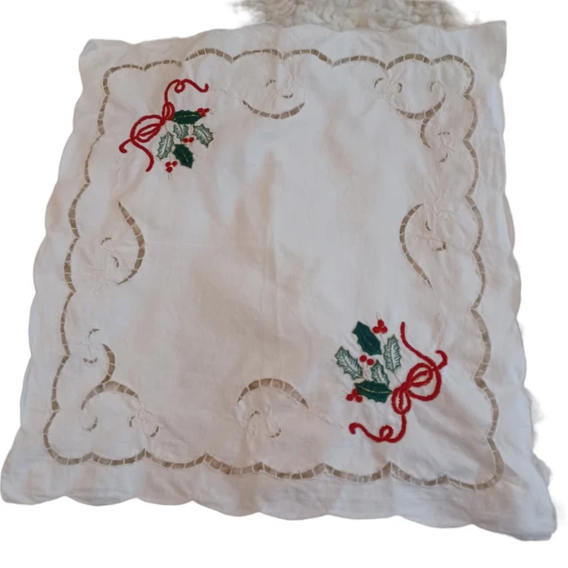 Embroidered Christmas Doily 19" Square Red Bow and Berries Green Holly Leaves