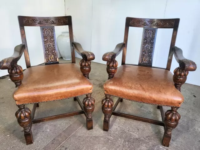 Pair Two Antique Carved Open Armchairs Leather Seats Baluster Legs Scrolled Arms