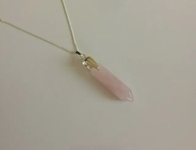 925 Sterling Silver and Polished Rose Quartz Pointed Pendulum Pendant Necklace