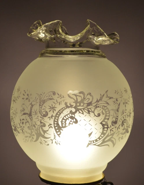 Vintage Victorian 8" Acid Etched Frosted Glass Lamp Shade Ruffle 4" Fitter Wow! 17