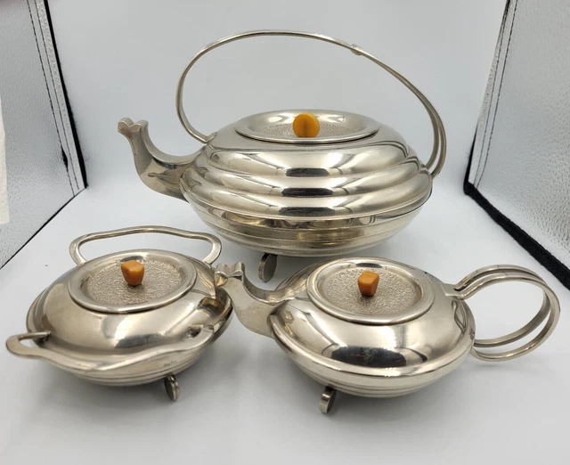 Art Déco Teekern (3tlg.), Metall mit Bakelitknauf ca.1930