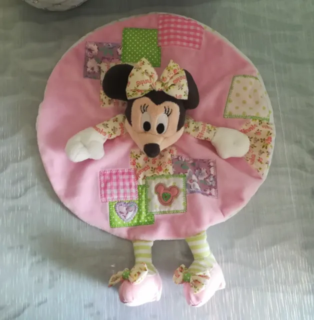 Doudou Plat Minnie rose patchwork fleur vert Disney rond coeur Nicotoy NEUF