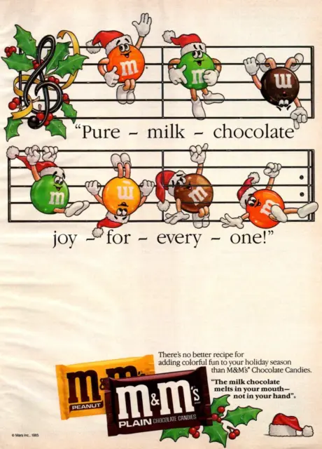 PRINT AD 1985 M&M's Christmas Plain Peanut Candy Pure Milk Chocolate 8x11