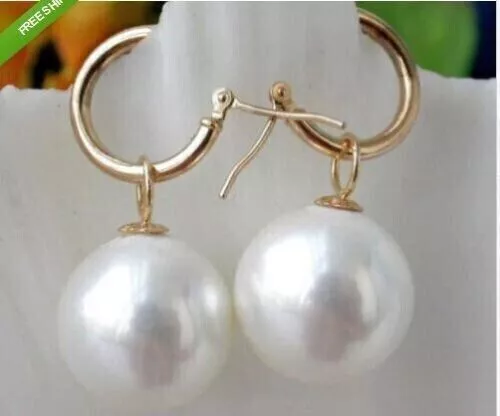 AAA+ 16mm South Sea Round White Shell Pearl Earrings 14k Yellow Gold Women
