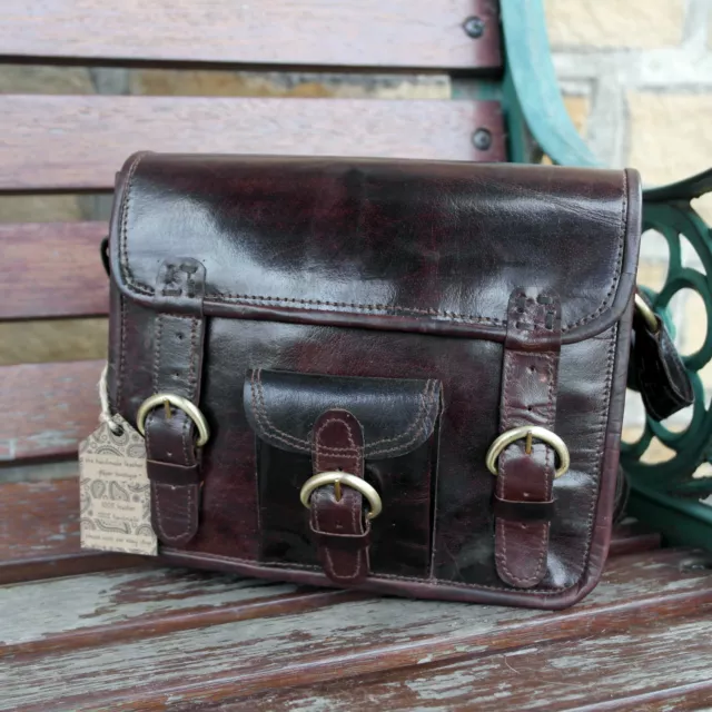 Real Leather Handmade Brown Vintage School Satchel Cross Body Messenger Bag 9"
