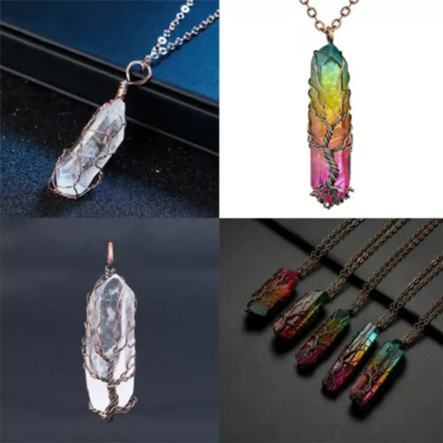 Natural Tree of Life Wire Wrap Rainbow Crystal Quartz Pendant Necklace Healing !