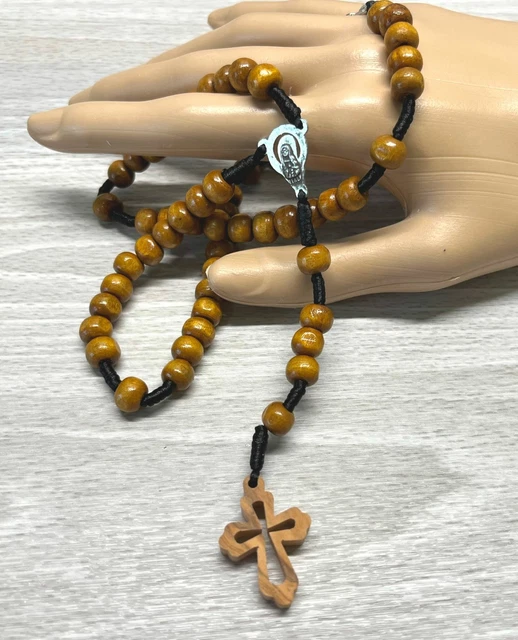 Vintage Italy Wood Beaded Rosary Crucifix Cross Necklace Prayer Beads 26" Length