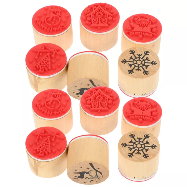 12 Christmas Wooden Rubber Stamps Santa Snowflake Reindeer DIY Craft-BH