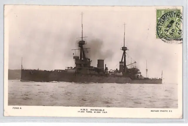 GB NAVAL Postcard *HMS INVINCIBLE* Real Photo KGV View Side Portsmouth 1913 PF33