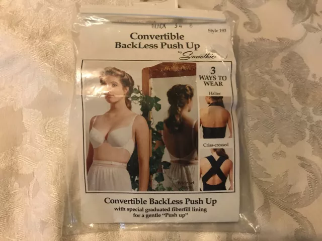 NIP Vtg 1960's BACKLESS BY SMOOTHIE 193 Convertible Push-Up Bra Black ~ 34B