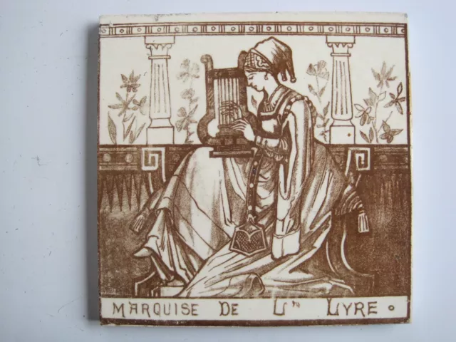 Antique 6" Steele & Wood Lady Musicians Series Tile - Marquise De L'lyre C1880