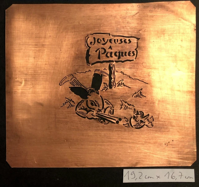 Pochoir JOYEUSES PÂQUES avec un lapin chasseur - pour gâteaux - en laiton