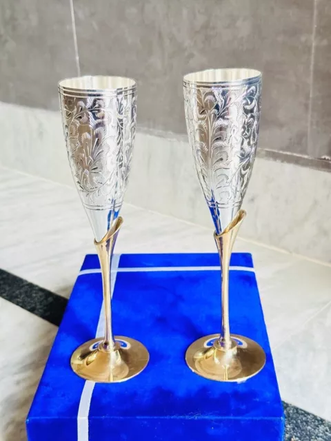 Silver Plated Brass Goblet Champagne Flutes Coupes Wine Glass Set Of 2 with Box