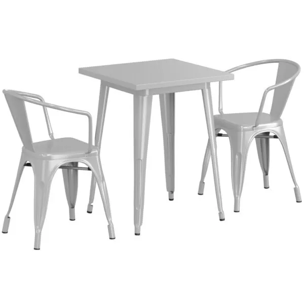 23.5'' Square Silver Metal Restaurant Table Set with 2 Armchairs For Outdoor Use