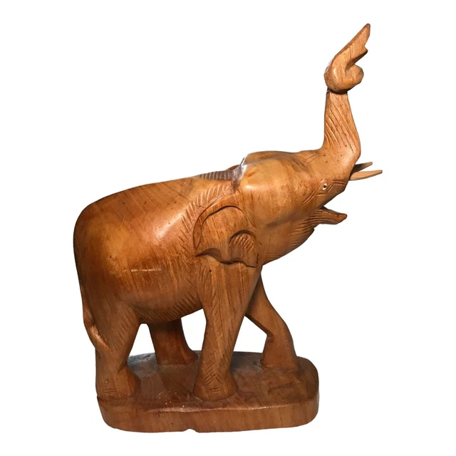 thumbnail image 2 of Handcarved Teak Wood Elephant Sculpture, Trunk Up, 18cm, Fair Trade From Thailand 2 of 6