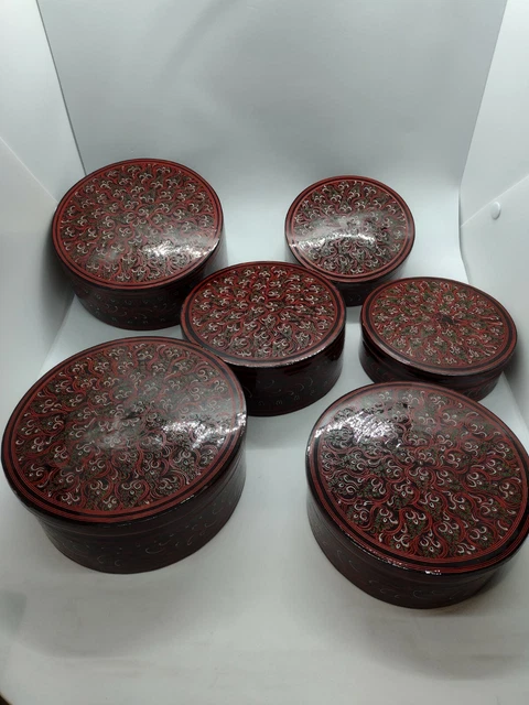 Antique Burmese Lacquerware Old Lacquer, colorful, 3 nested containers. 6
