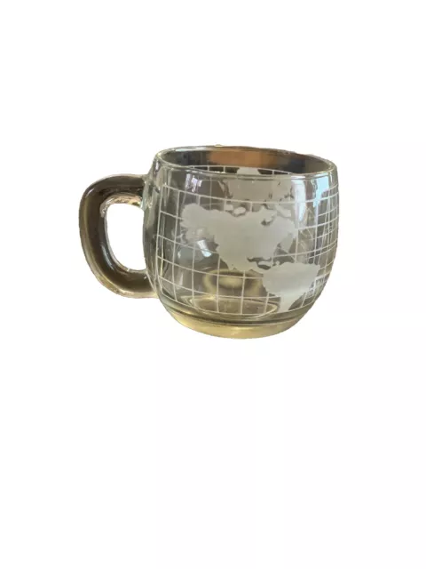 Vintage 1970's Nestle Clear Glass  Etched Globe World Cup Mug Coffee Tea Japan