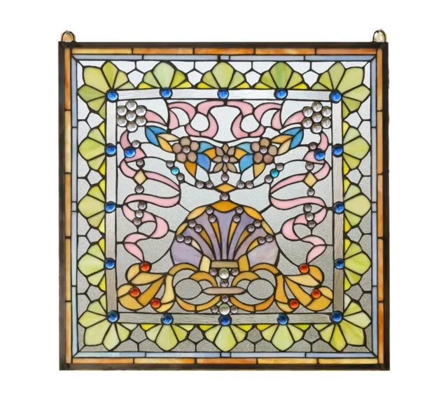 24" x 24" Colorful Handcrafted stained glass Jeweled window panel
