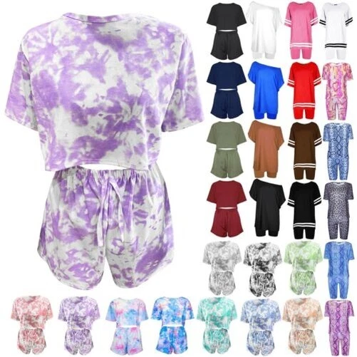 Donna 2Pcs Coordinato Set Tie-Dyed Stampa Manica Corta Pantaloncini Riposo