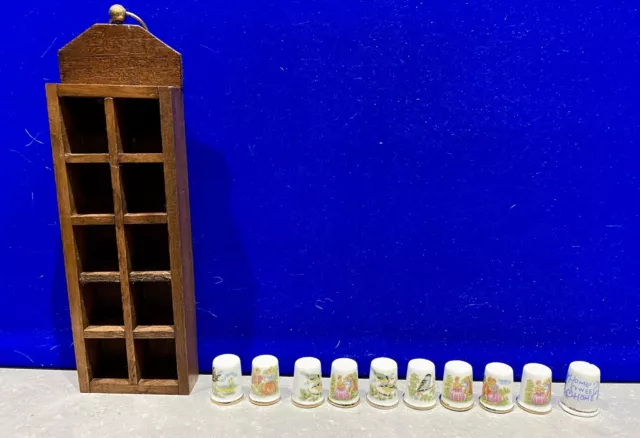 Vintage Collectible Set Of China Thimbles With Wooden Display Shelves