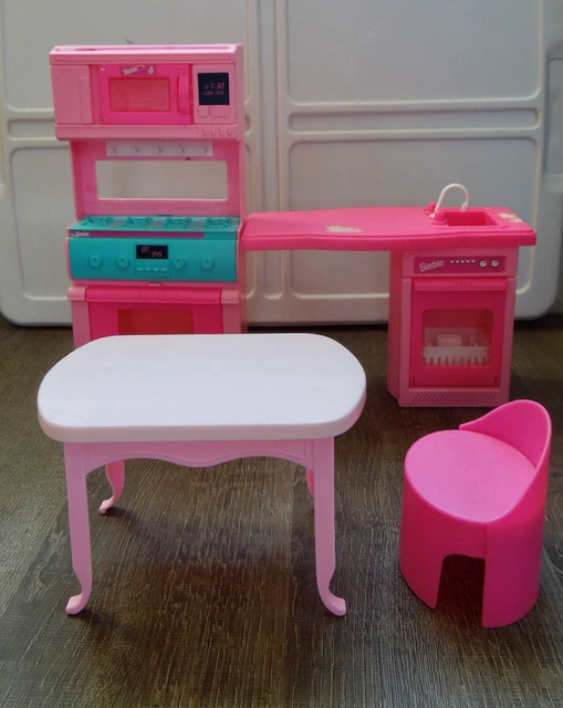 VINTAGE 1990'S BARBIE Kitchen Set Pink Oven, Dishwasher, Table, and 1