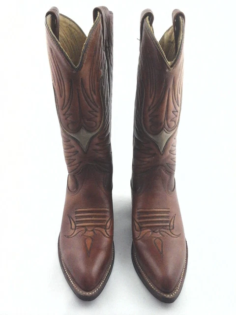TEXAS ROYAL COWBOY Boots Brown Longhorn Handcrafted Vtg USA 