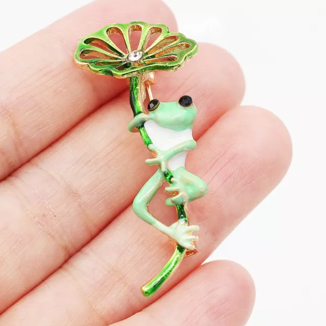 Green Enamel Crystal Lotus Leaf Frog Animal Brooch Pin Party Prom Jewelry Gift