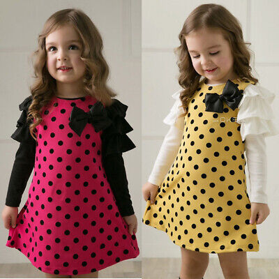 Kids Girls Toddler Polka Dot Bow Dress Party Holiday Beach Clothes Age 2-7Y